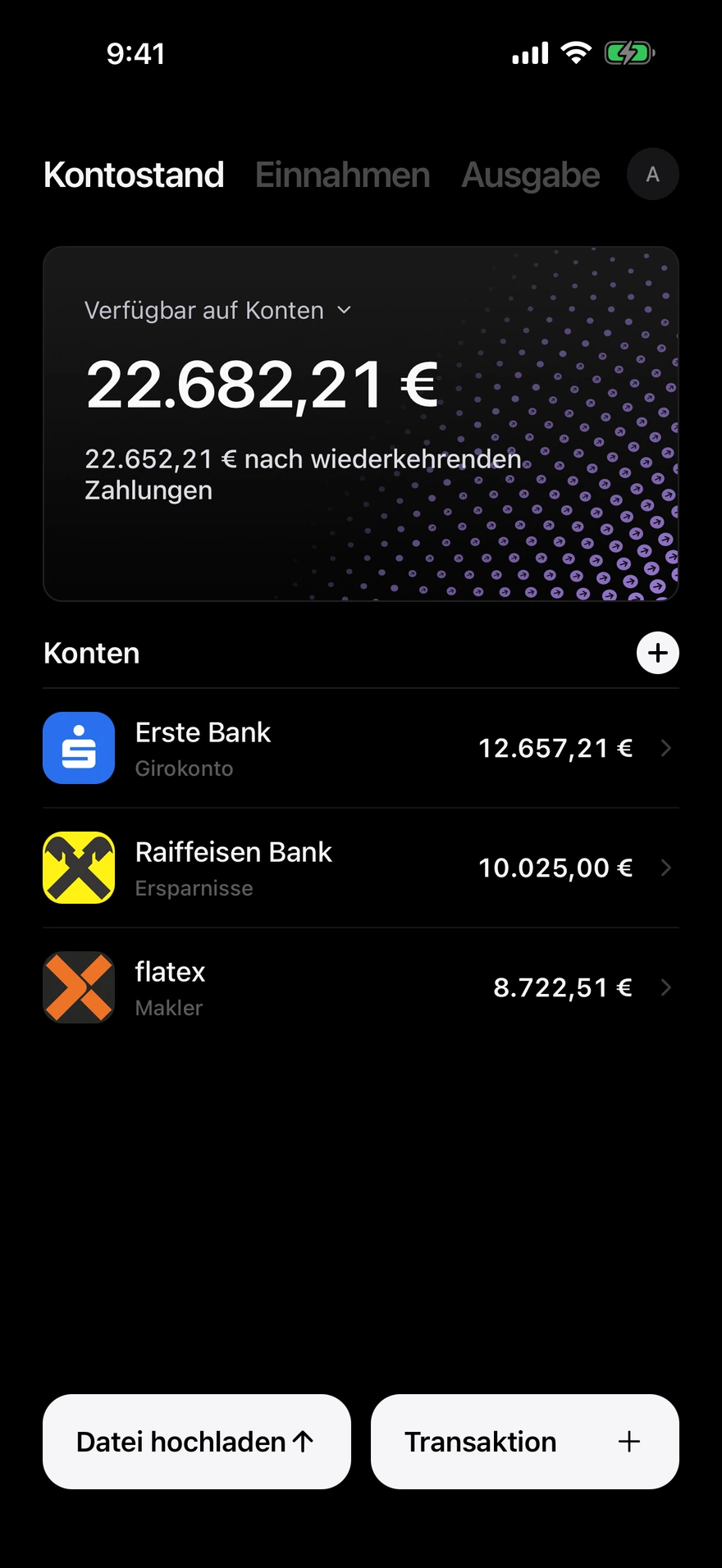 Deco-Saldo-Bildschirm, der das auf allen Konten verfügbare Geld anzeigt