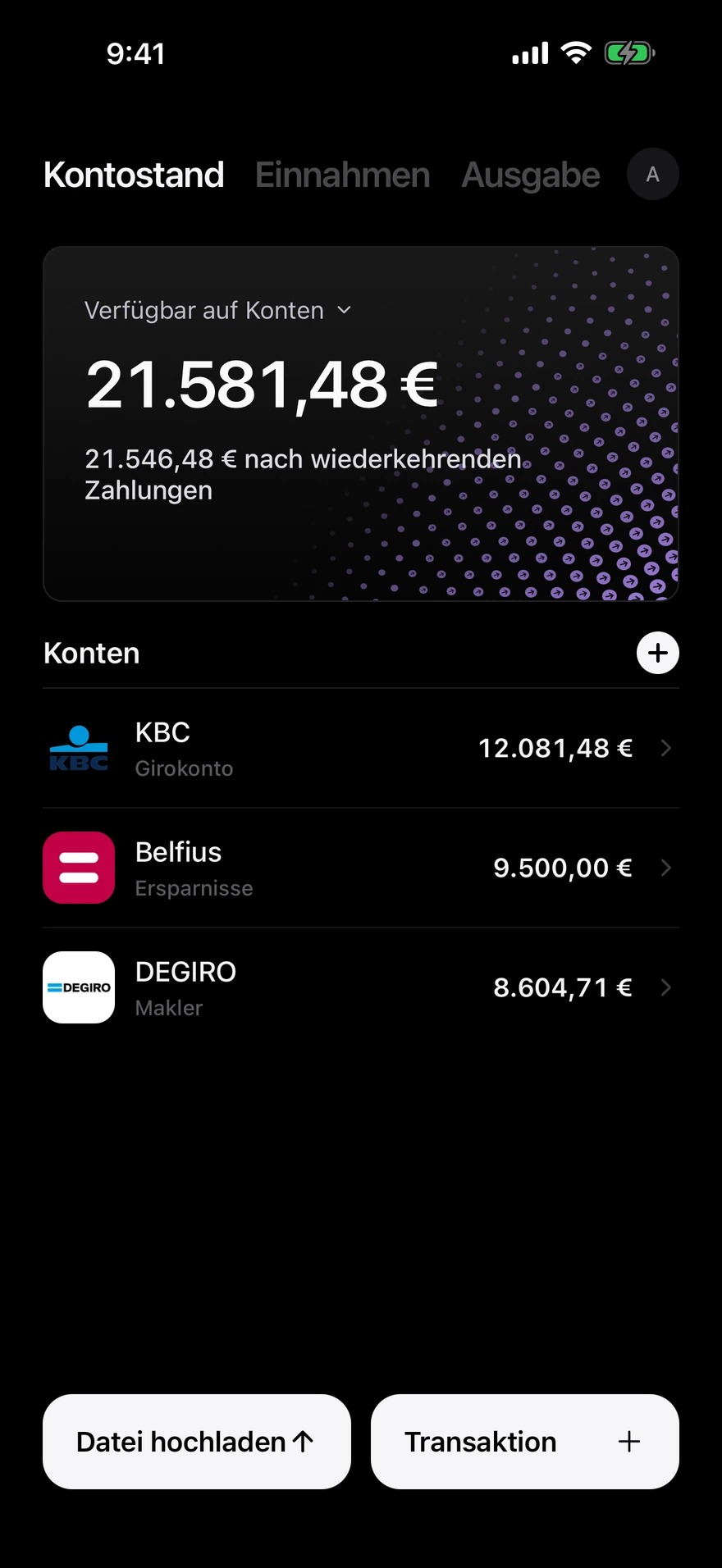 Deco-Saldo-Bildschirm, der das auf allen Konten verfügbare Geld anzeigt