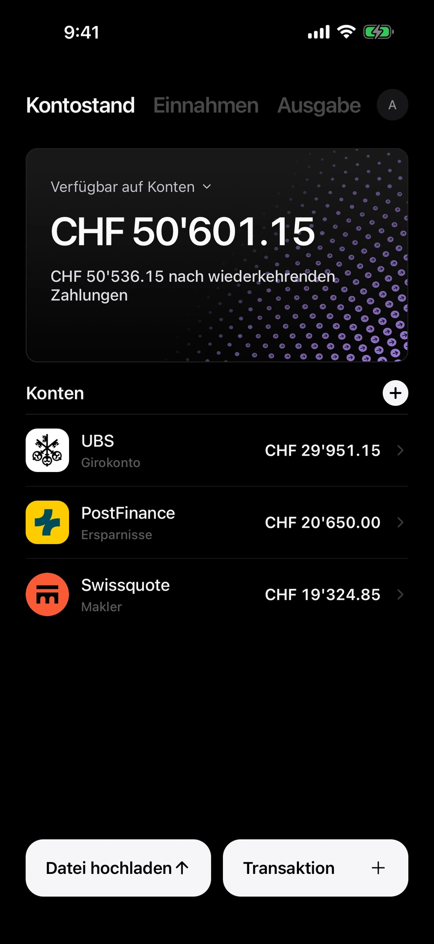 Deco-Saldo-Bildschirm, der das auf allen Konten verfügbare Geld anzeigt