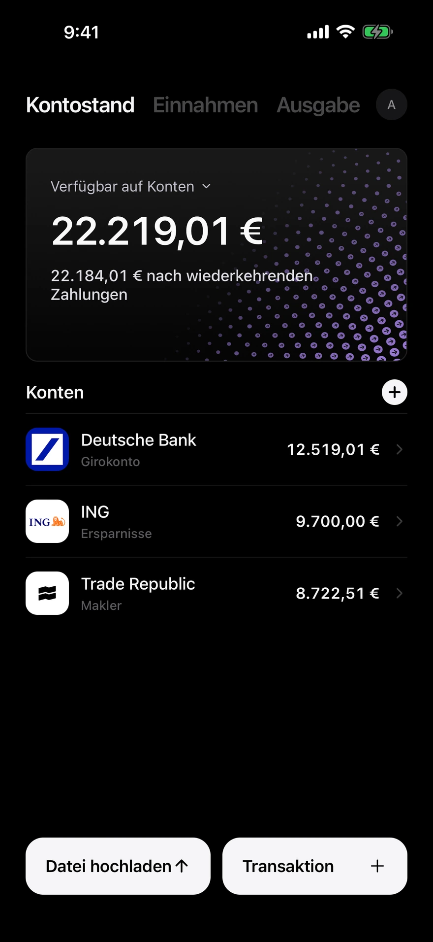 Deco-Saldo-Bildschirm, der das auf allen Konten verfügbare Geld anzeigt