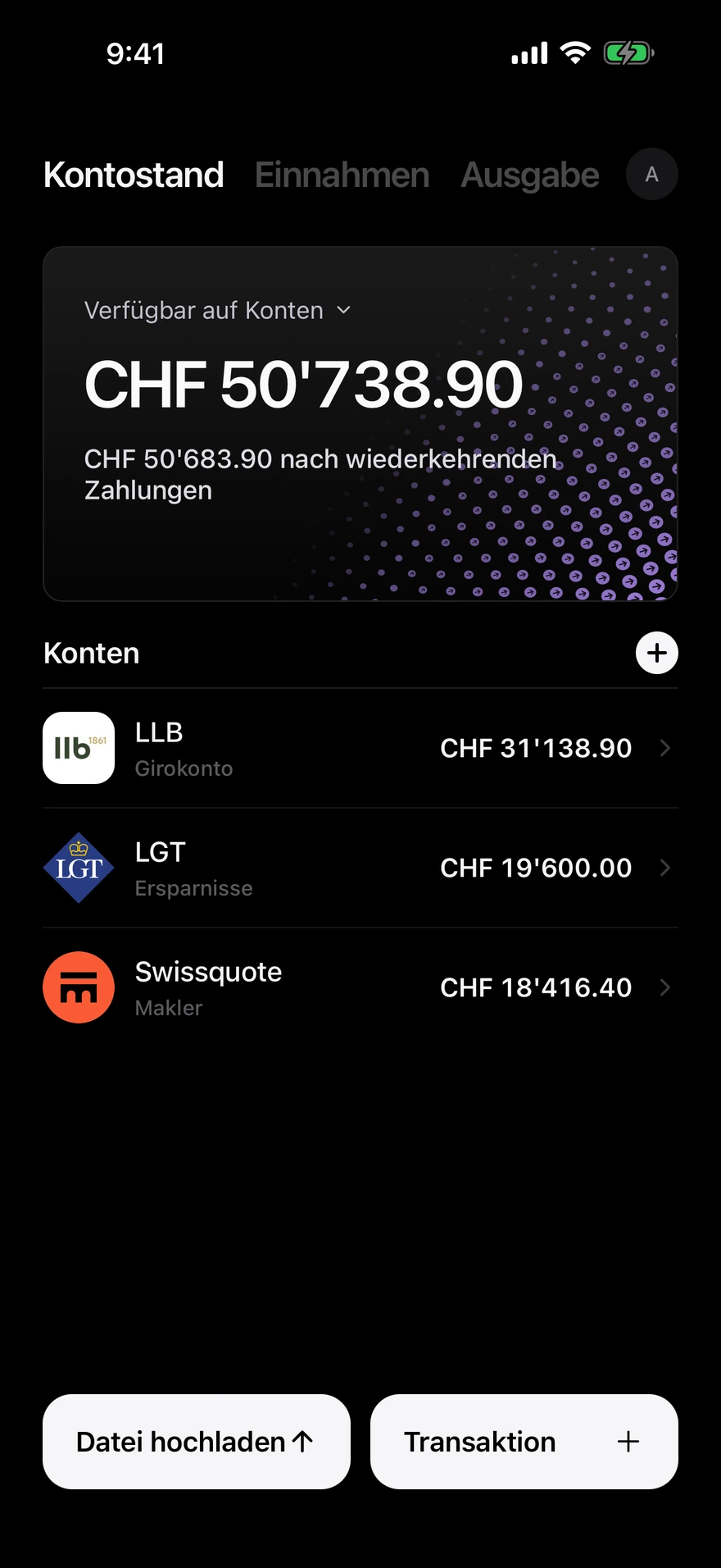 Deco-Saldo-Bildschirm, der das auf allen Konten verfügbare Geld anzeigt