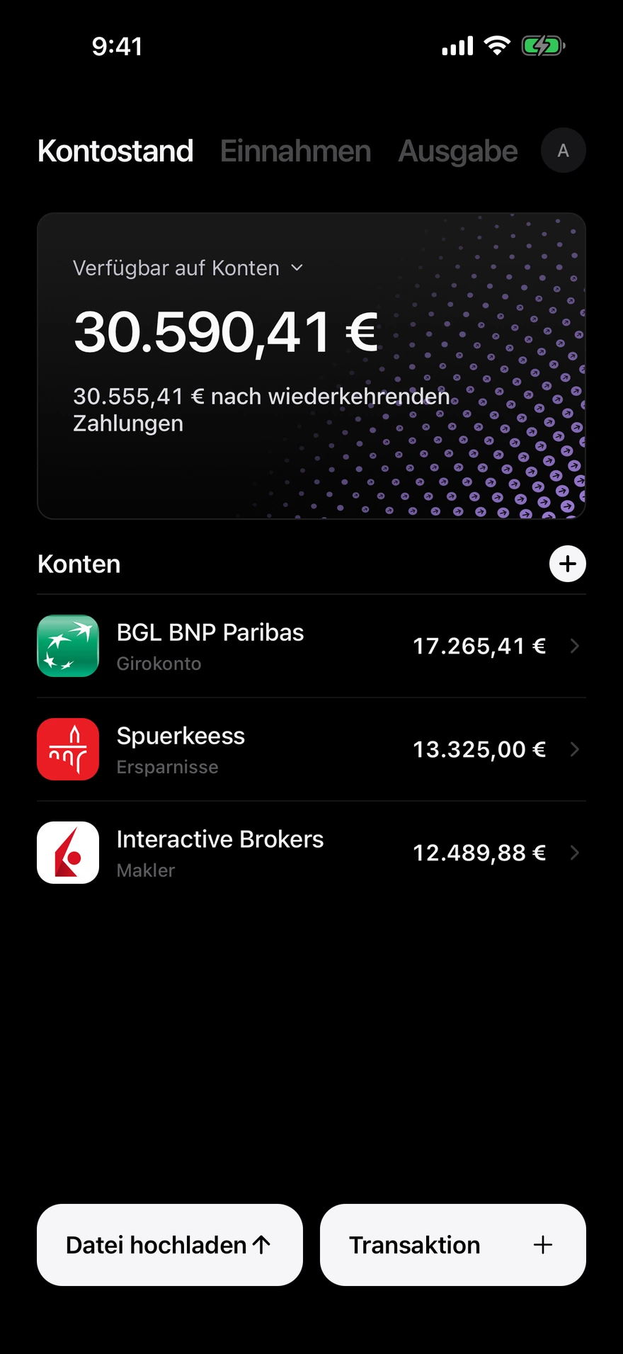 Deco-Saldo-Bildschirm, der das auf allen Konten verfügbare Geld anzeigt
