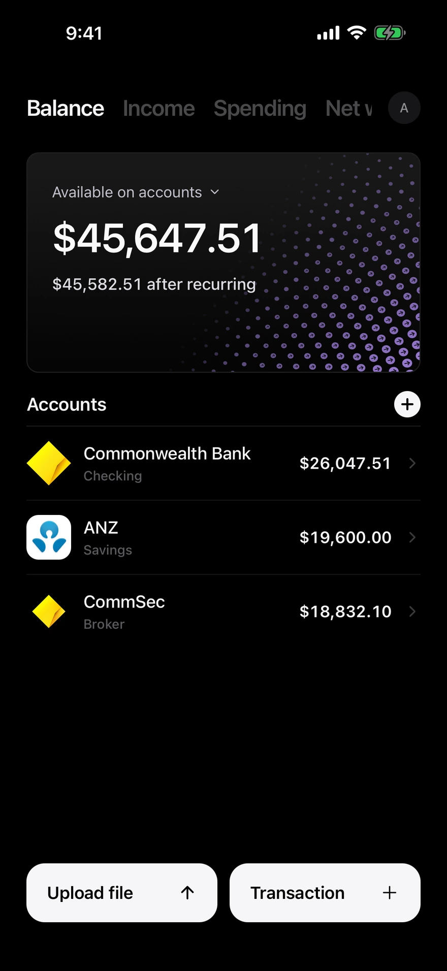 Deco balance screen showing money available across accounts