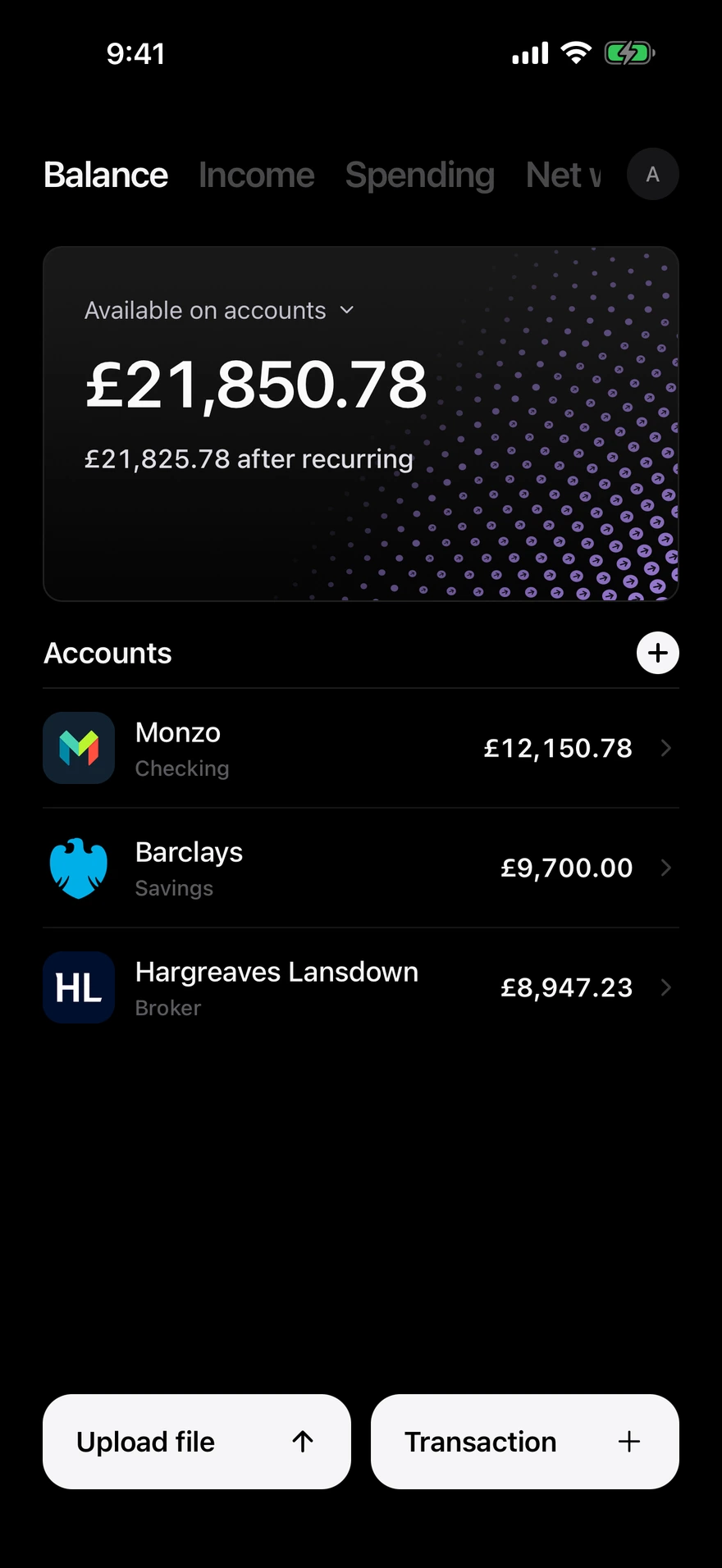 Deco balance screen showing money available across accounts