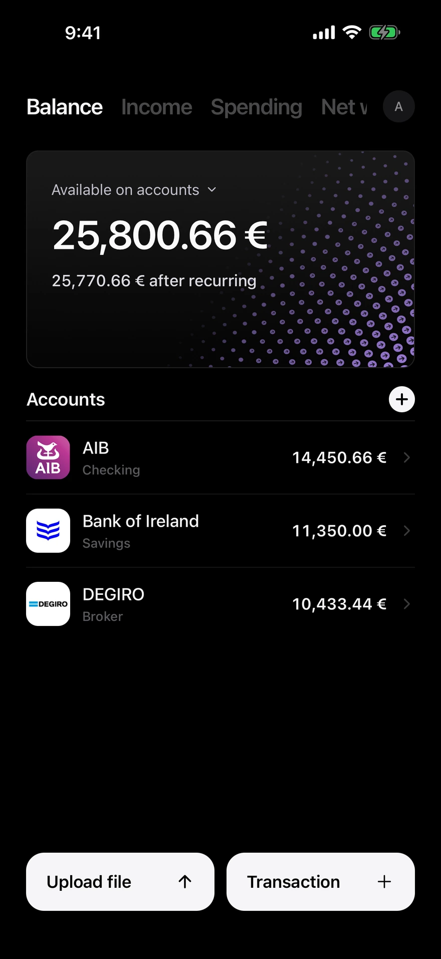 Deco balance screen showing money available across accounts