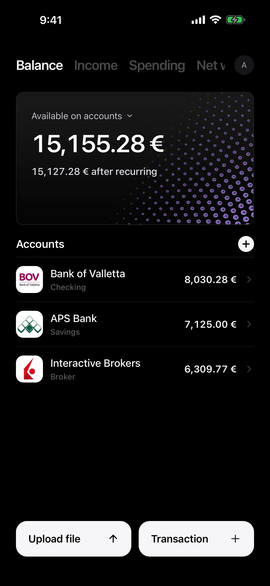 Deco balance screen showing money available across accounts