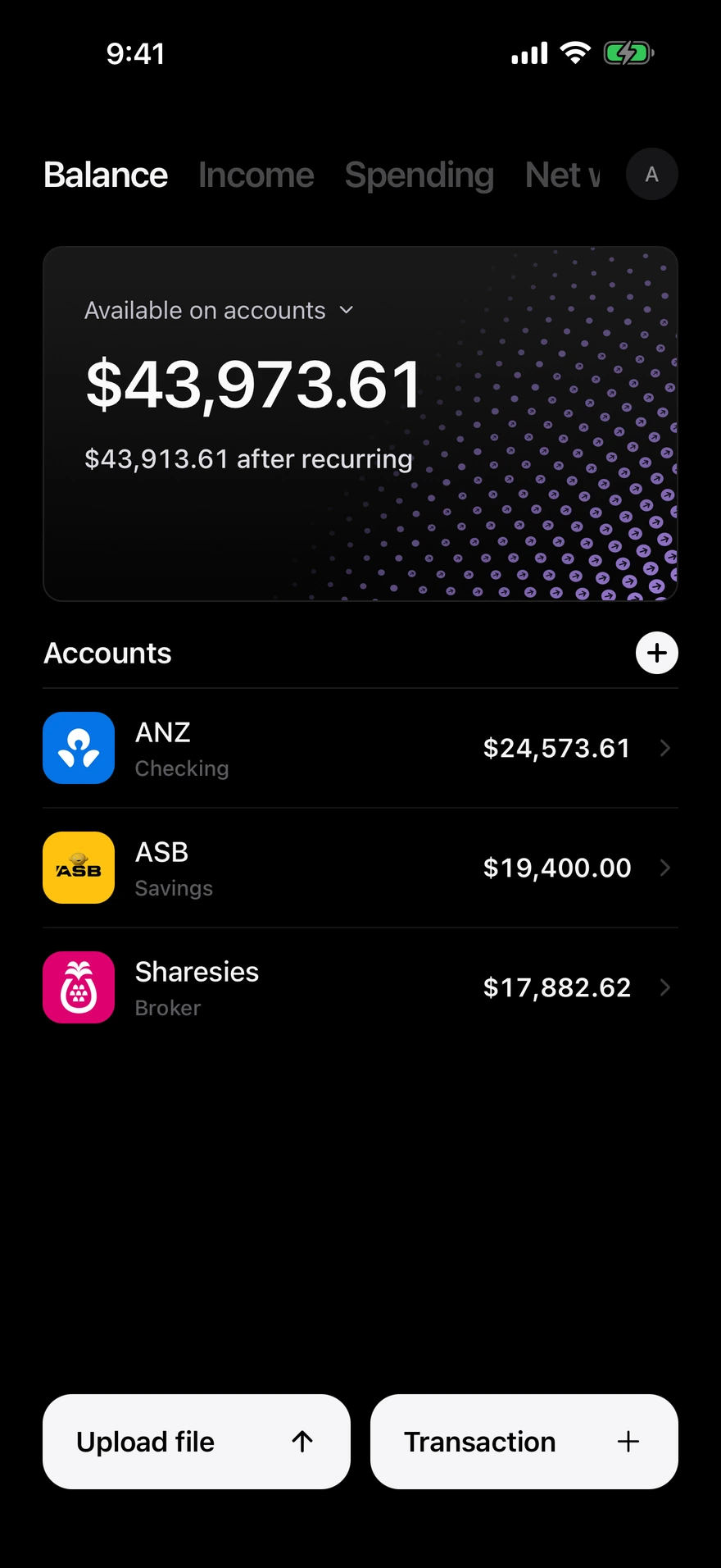 Deco balance screen showing money available across accounts