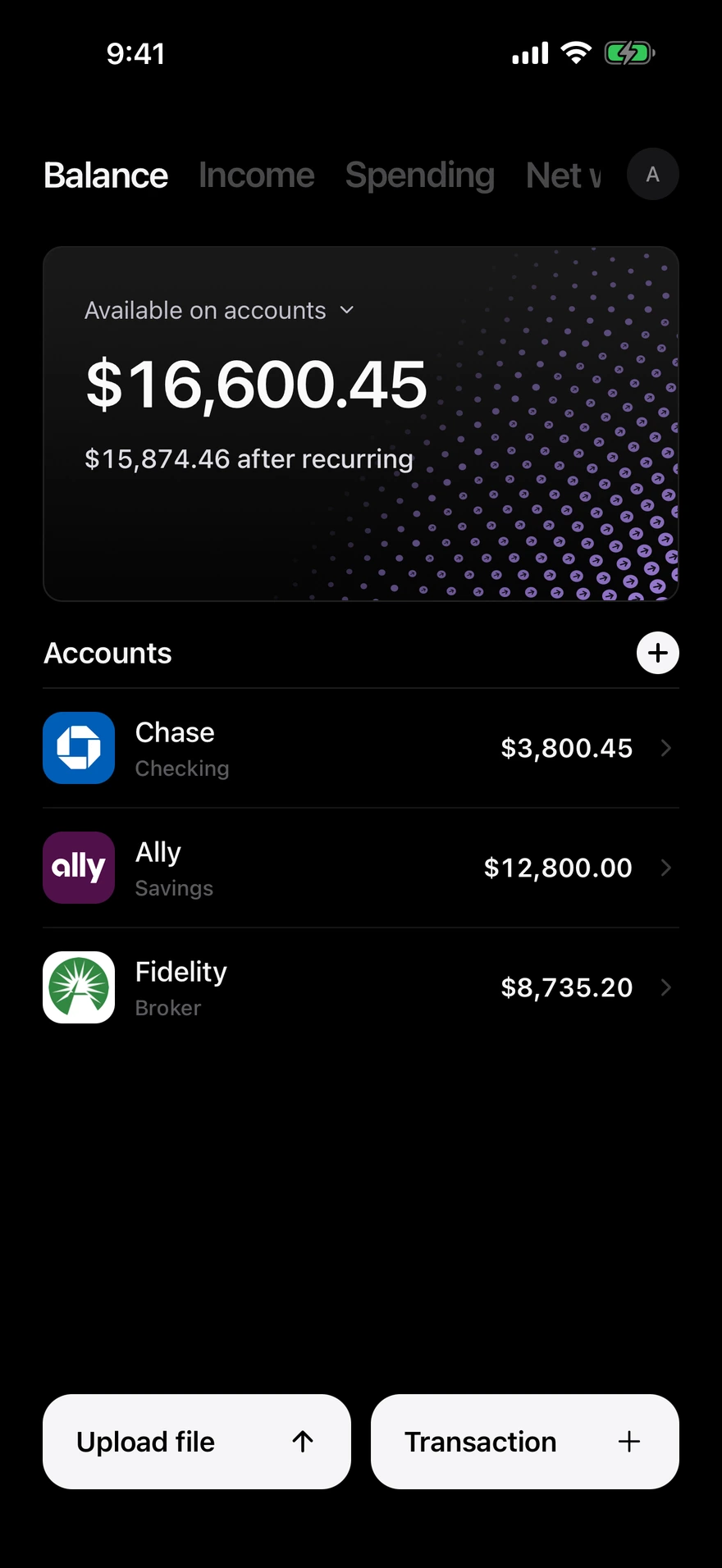 Deco balance screen showing money available across accounts
