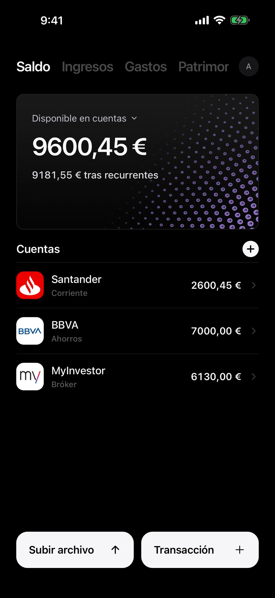 Pantalla de saldo de Deco con el dinero disponible en todas las cuentas