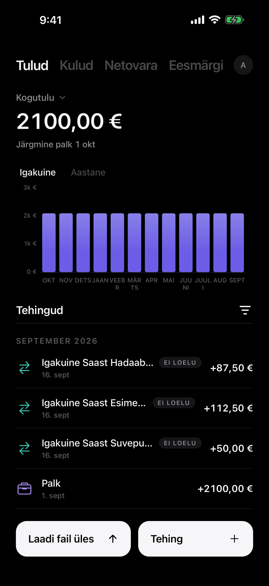 Deco sissetulekuvaade igakuise tulu, järgmise hinnangulise palgapäeva ja sissetulekutehingutega