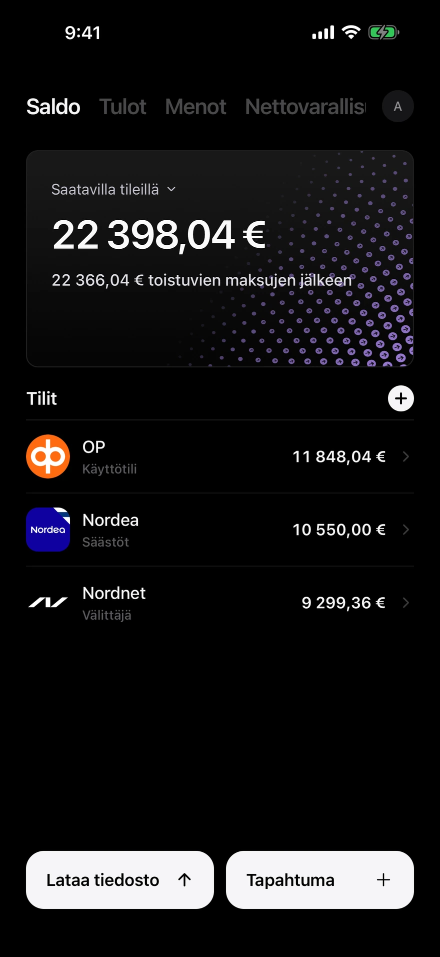 Deco-saldo-näyttö, joka näyttää eri tilien käytettävissä olevat varat