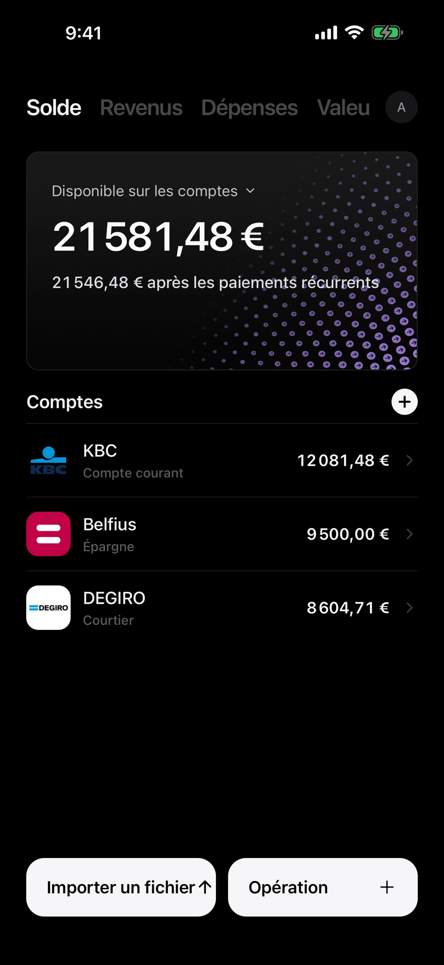 Écran de solde Deco affichant l’argent disponible sur tous les comptes