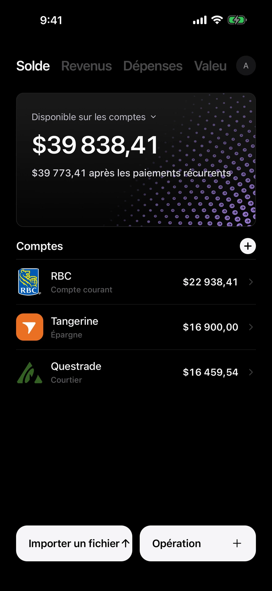 Écran de solde Deco affichant l’argent disponible sur tous les comptes