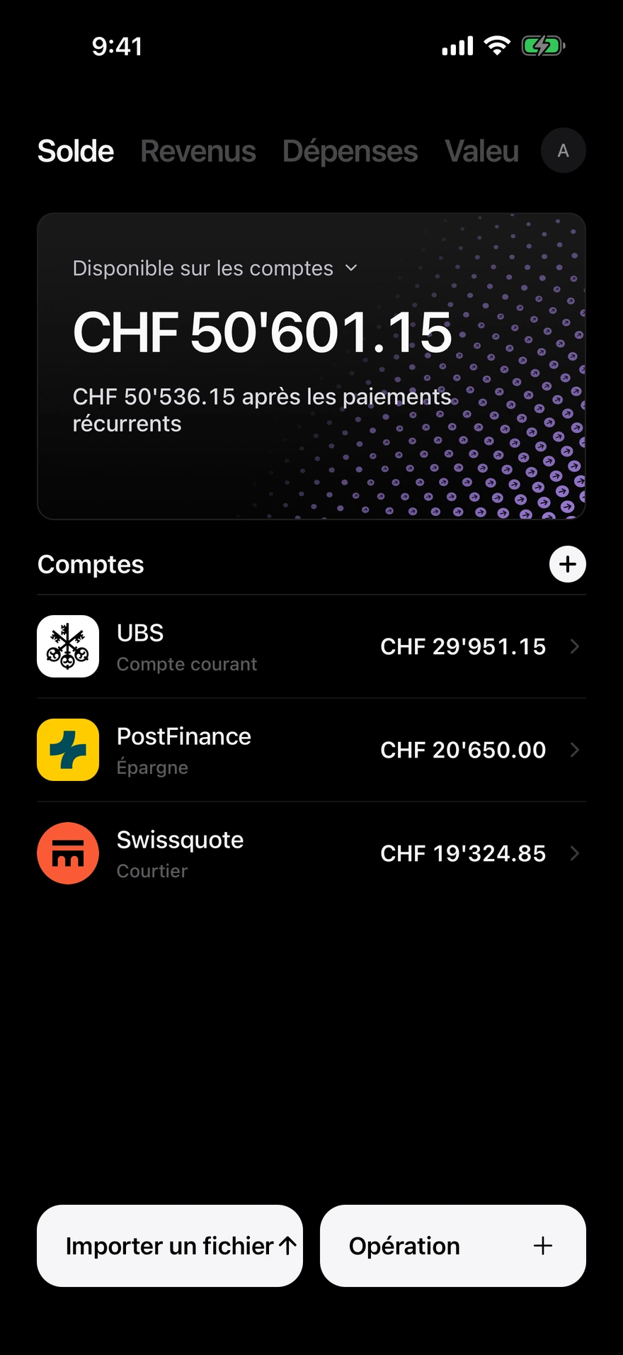 Écran de solde Deco affichant l’argent disponible sur tous les comptes
