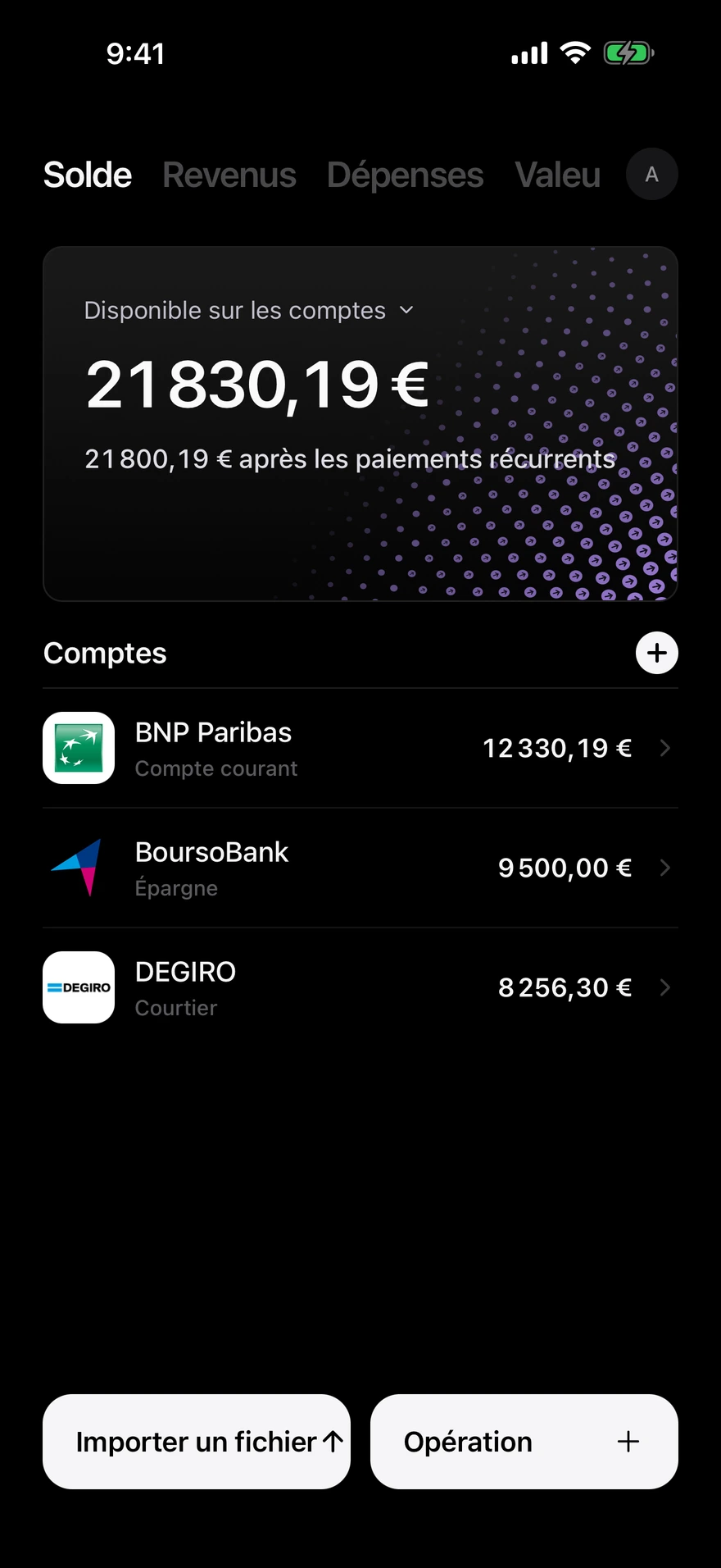 Écran de solde Deco affichant l’argent disponible sur tous les comptes