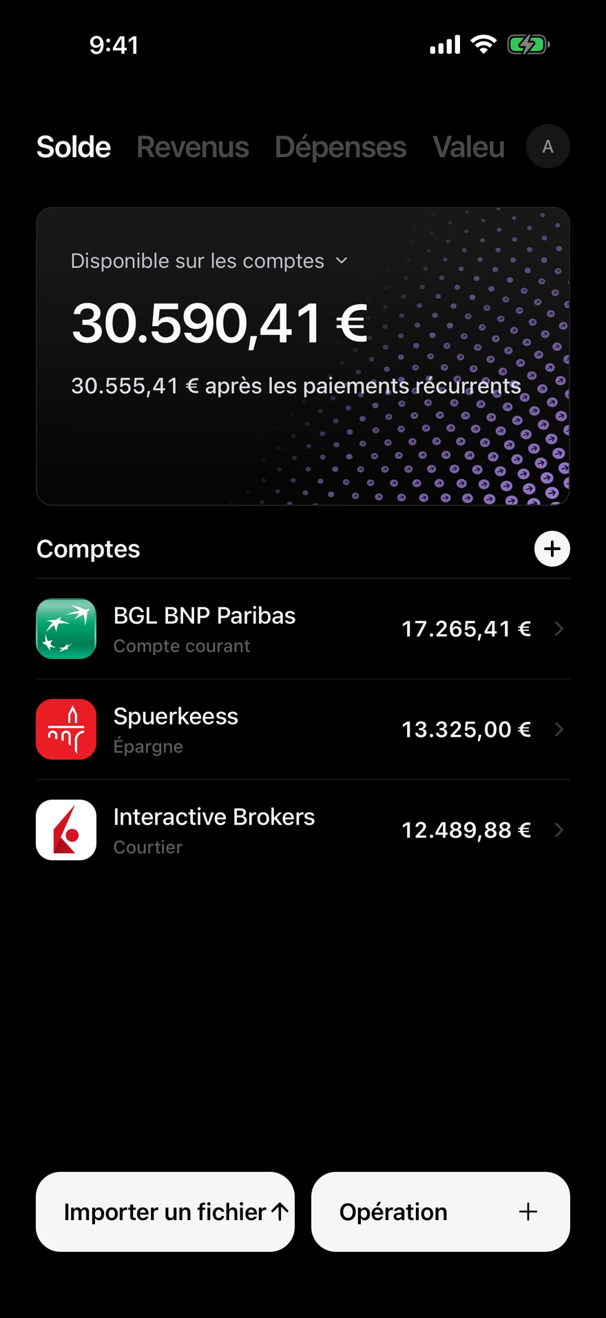 Écran de solde Deco affichant l’argent disponible sur tous les comptes