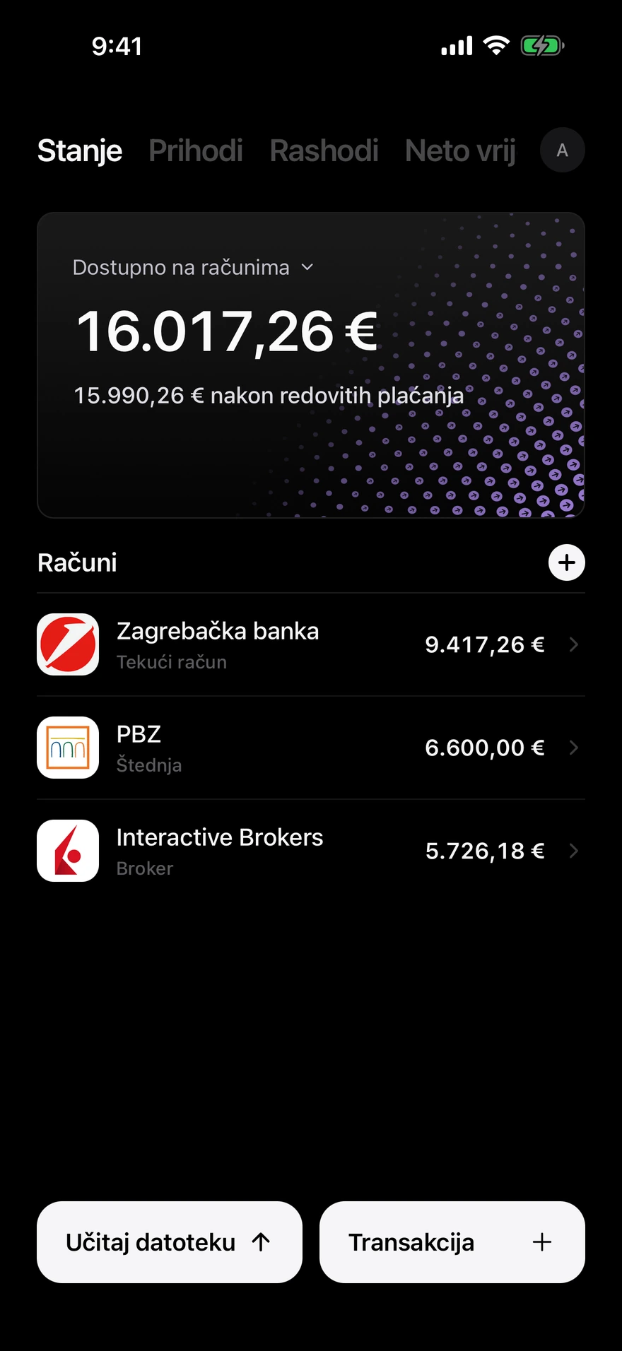 Deco zaslon stanja koji prikazuje novac dostupan na svim računima