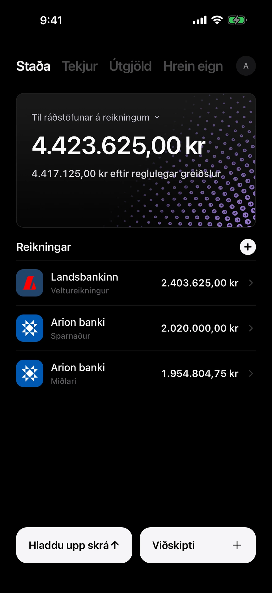 Deco jafnvægisskjár sem sýnir peninga í boði á milli reikninga