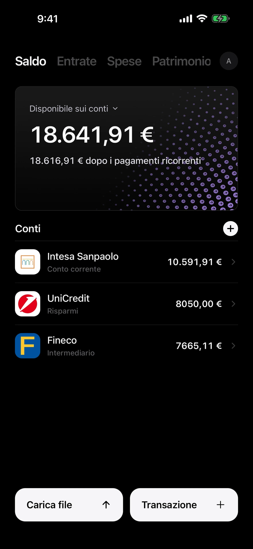 Schermata del saldo Deco che mostra il denaro disponibile su tutti i conti