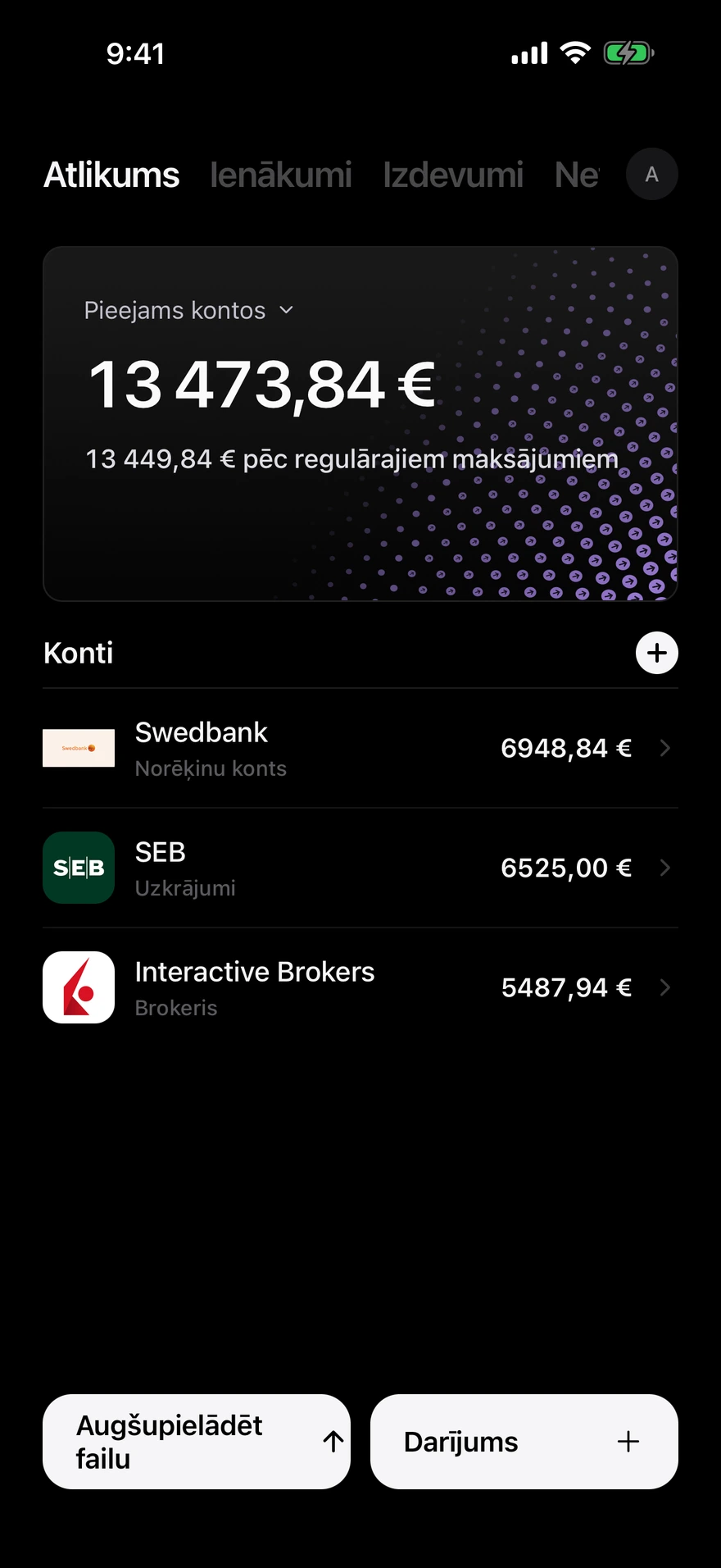 Deco bilances ekrāns, kurā tiek rādīta dažādos kontos pieejamā nauda