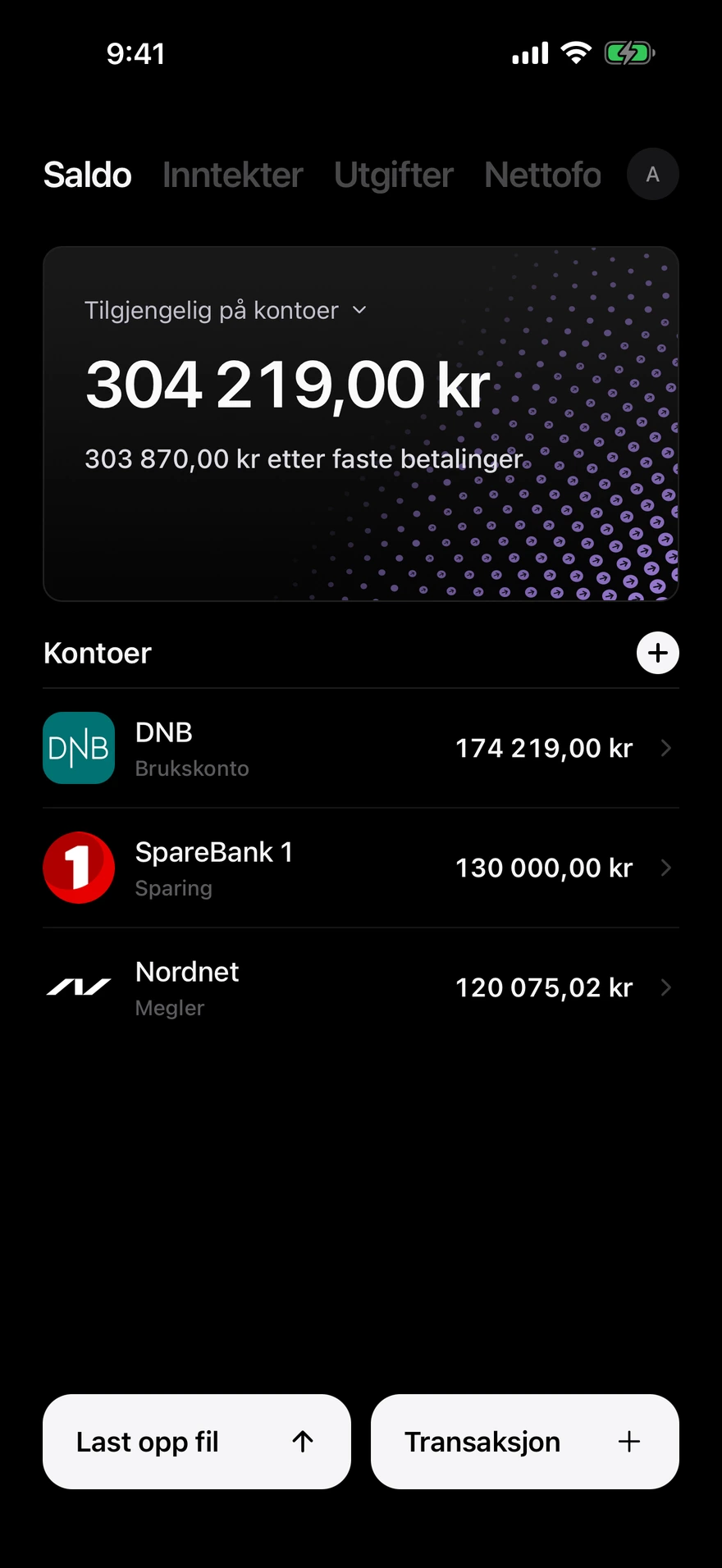 Deco-saldoskjerm som viser penger tilgjengelig på tvers av kontoer