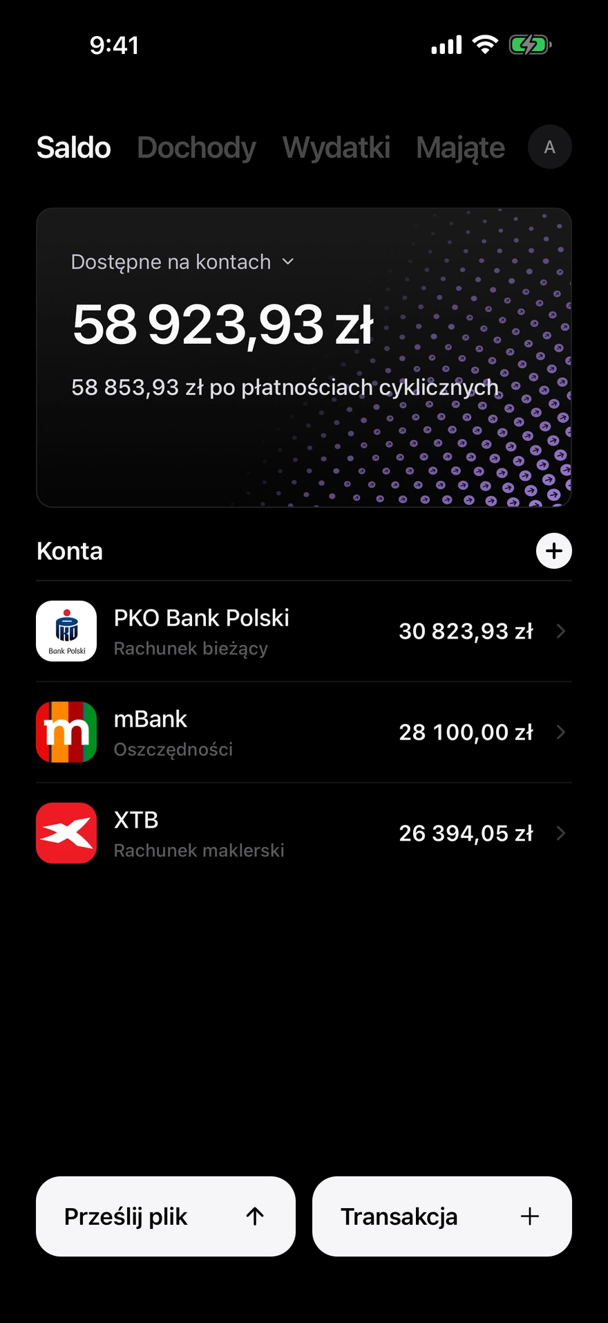 Ekran salda Deco pokazujący środki dostępne na kontach
