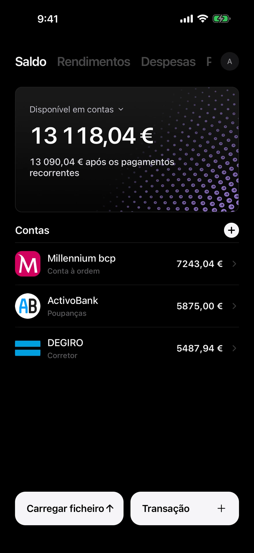 Tela de saldo Deco mostrando o dinheiro disponível nas contas