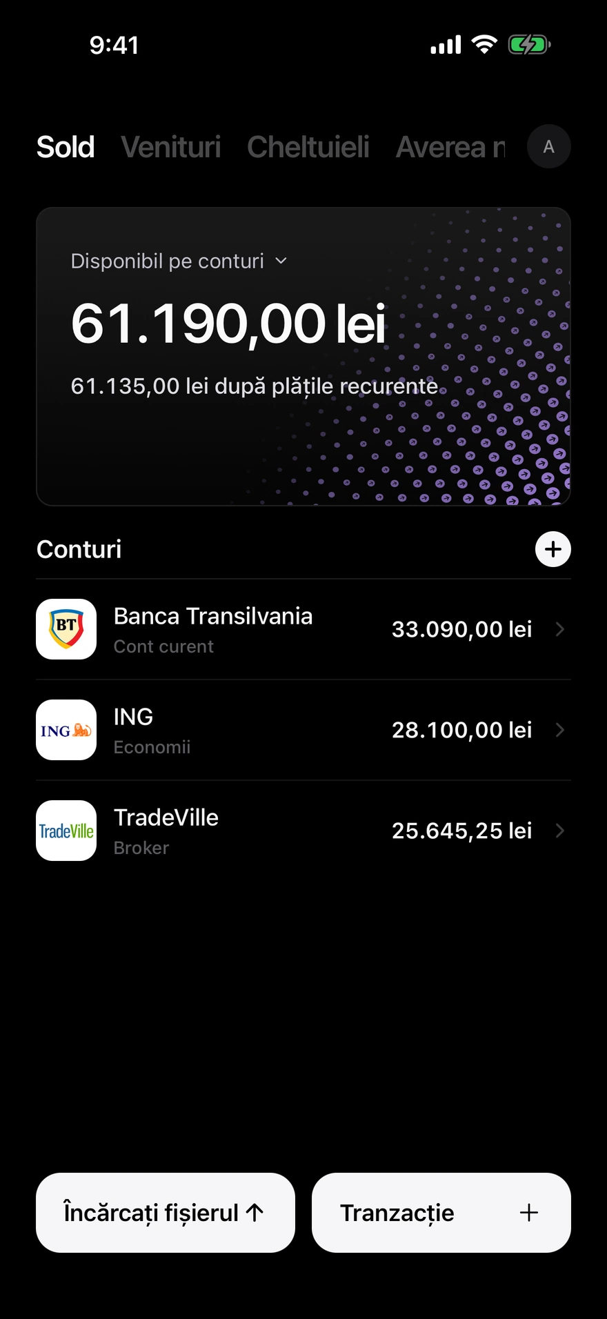Ecranul de sold Deco cu banii disponibili în conturi