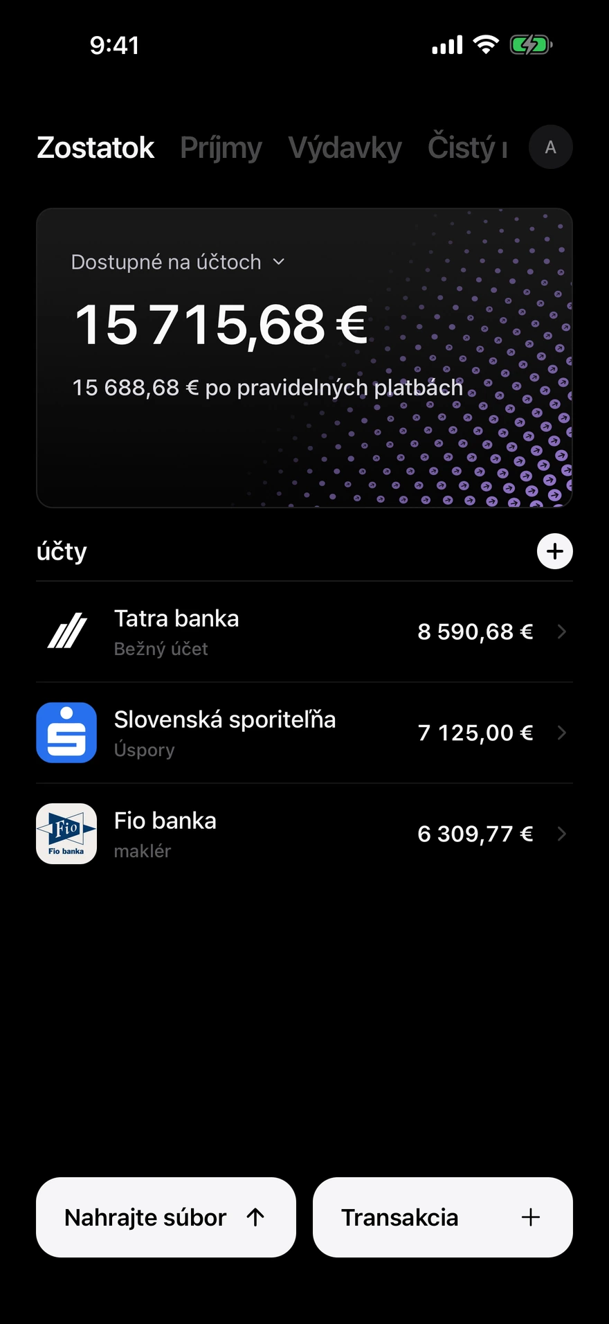 Obrazovka Deco zostatku zobrazujúca peniaze dostupné na účtoch