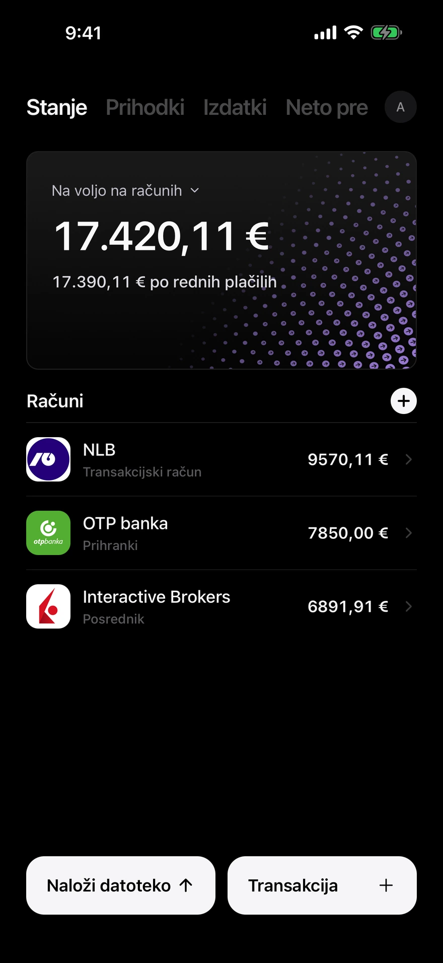 Zaslon stanja Deco z razpoložljivim denarjem na računih