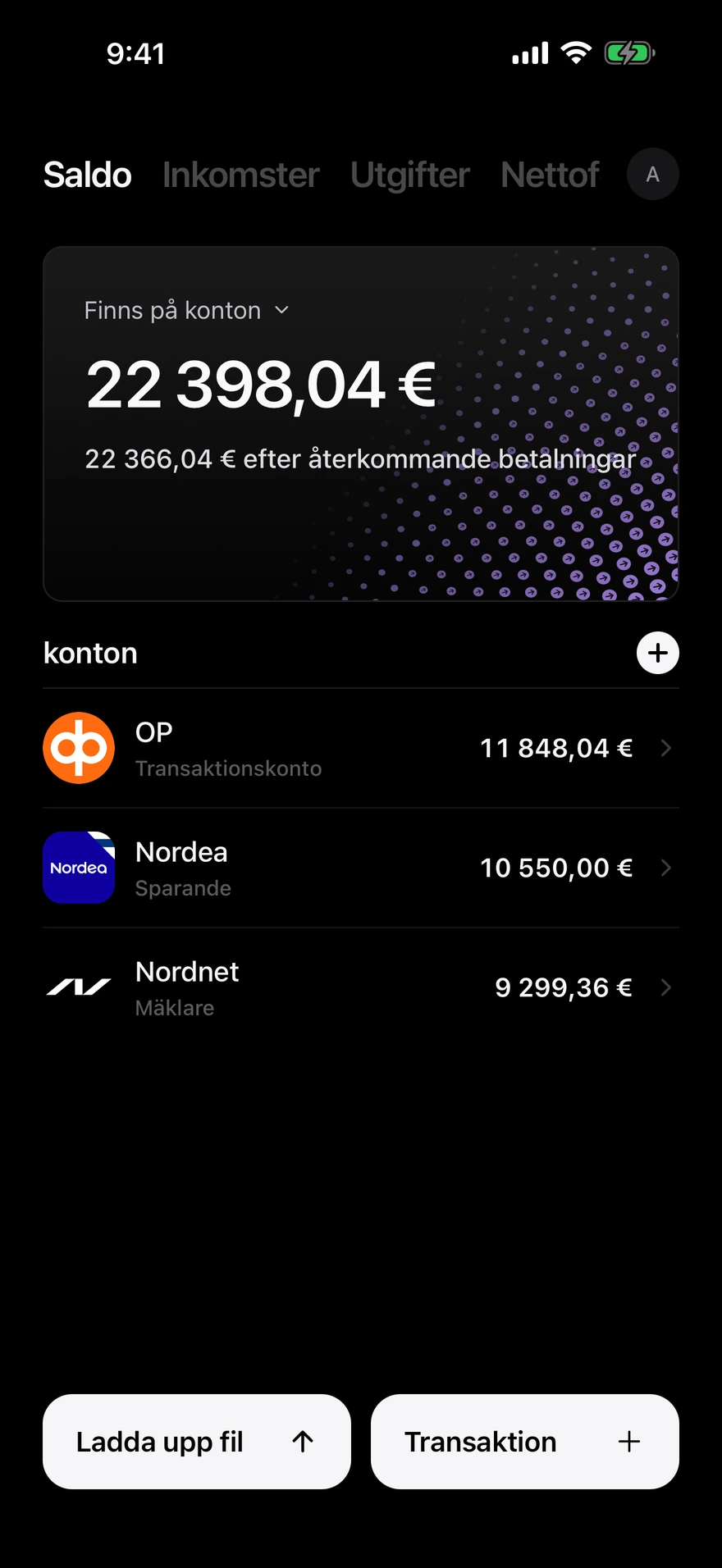 Deco saldoskärm som visar tillgängliga pengar över konton