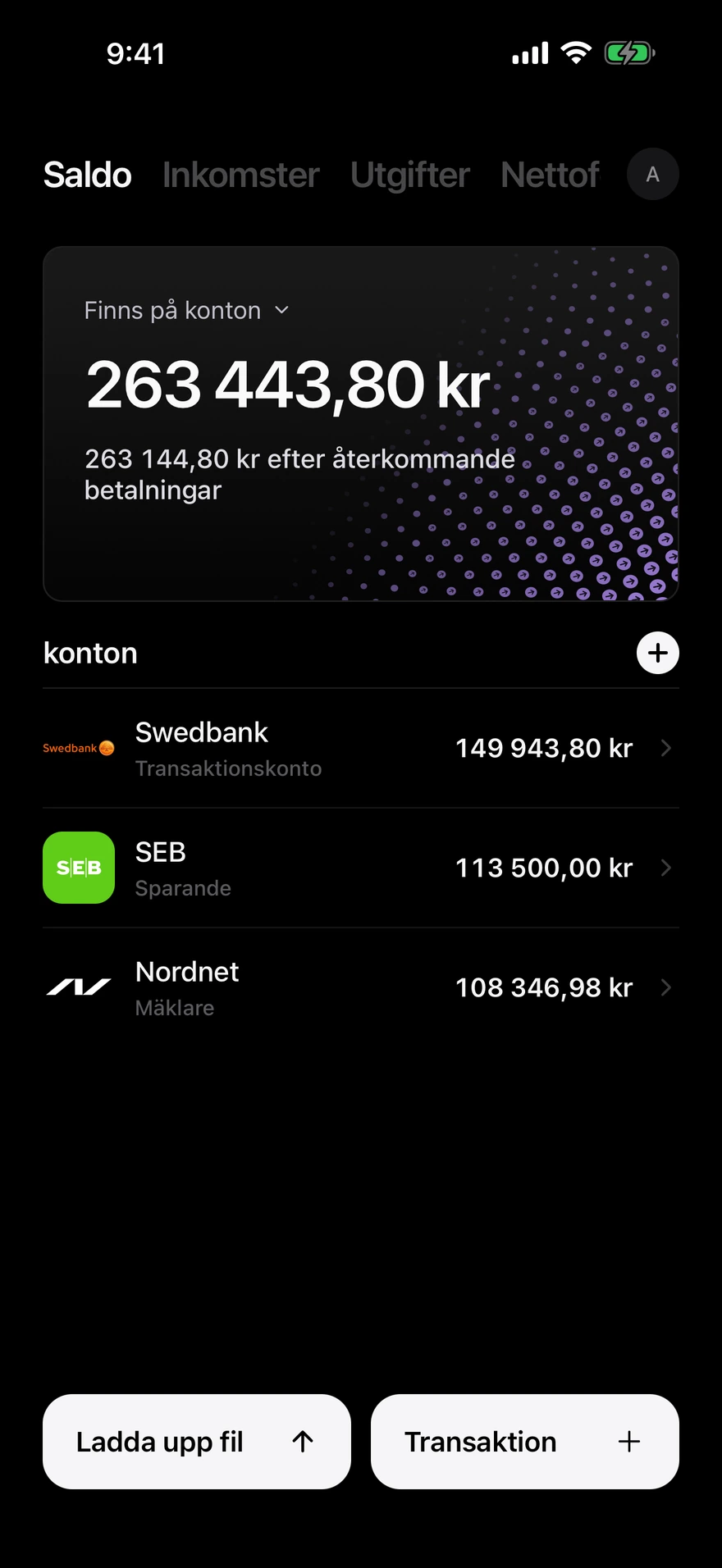 Deco saldoskärm som visar tillgängliga pengar över konton